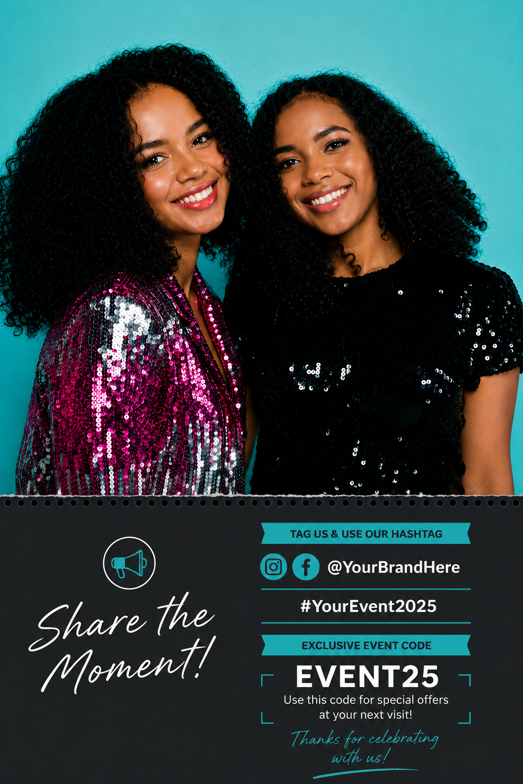 Perforated photo print with branded hashtag and social handles on tear-off section