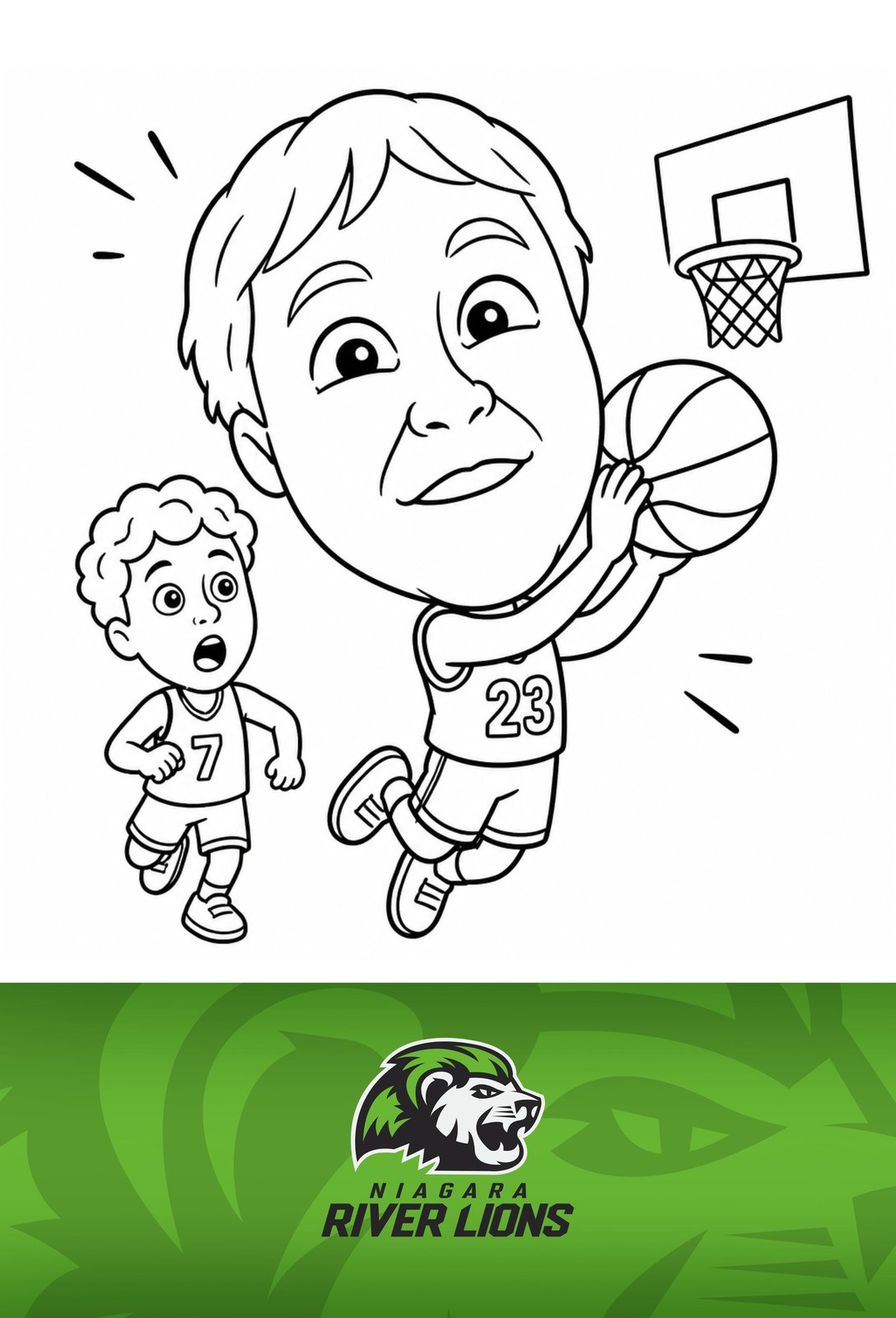 Custom basketball caricature of an excited River Lions fan, drawn live by Pic Booth Draw Bots in St. Catharines