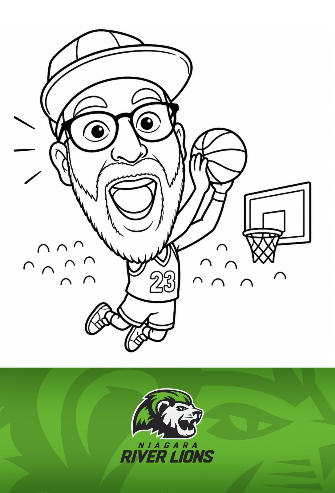 Hand-drawn basketball caricature portrait of a River Lions fan in a jersey, custom team branding, Pic Booth Draw Bots in St. Catharines