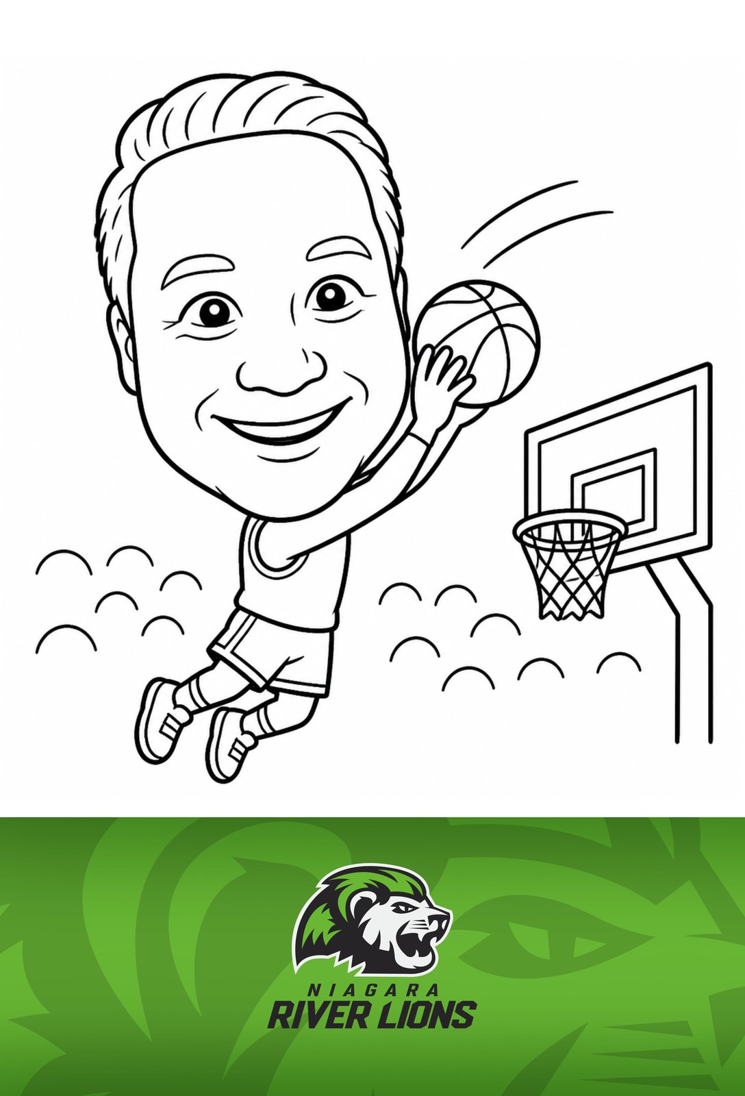 Basketball caricature of a young River Lions fan shooting a jump shot, branded keepsake illustration by Pic Booth, St. Catharines