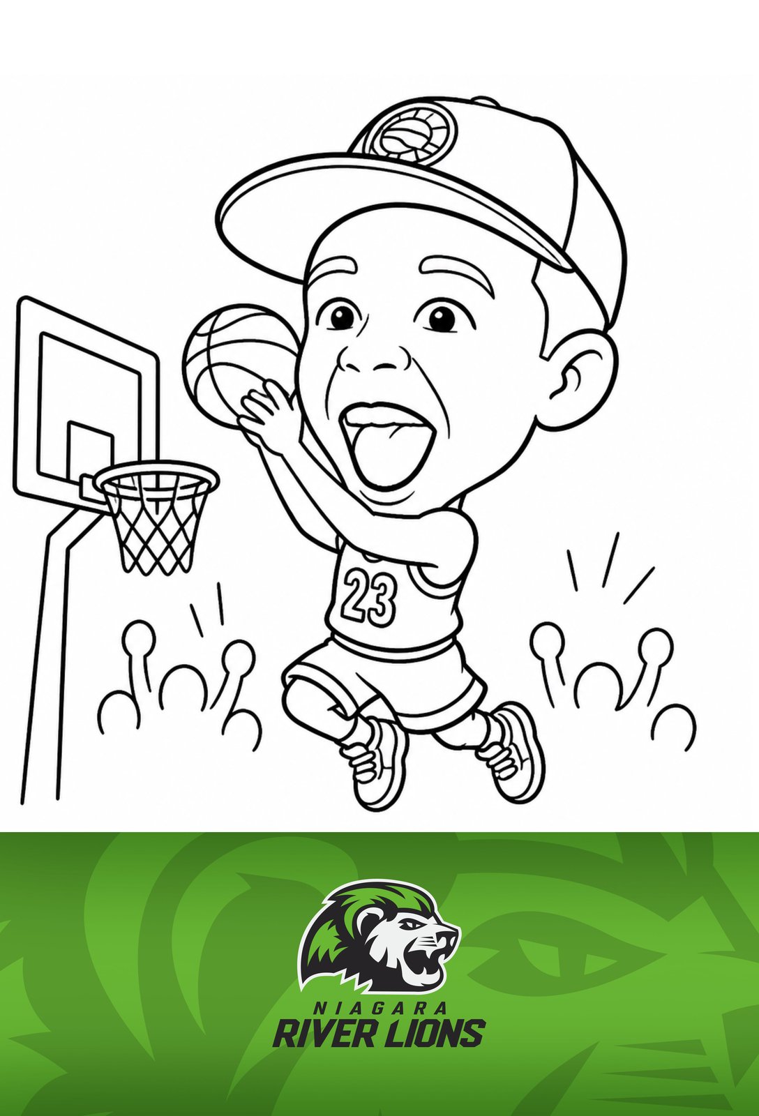 Pic Booth basketball caricature of a guest with an arena scoreboard, Niagara River Lions branding, drawn live at the Meridian Centre, St. Catharines