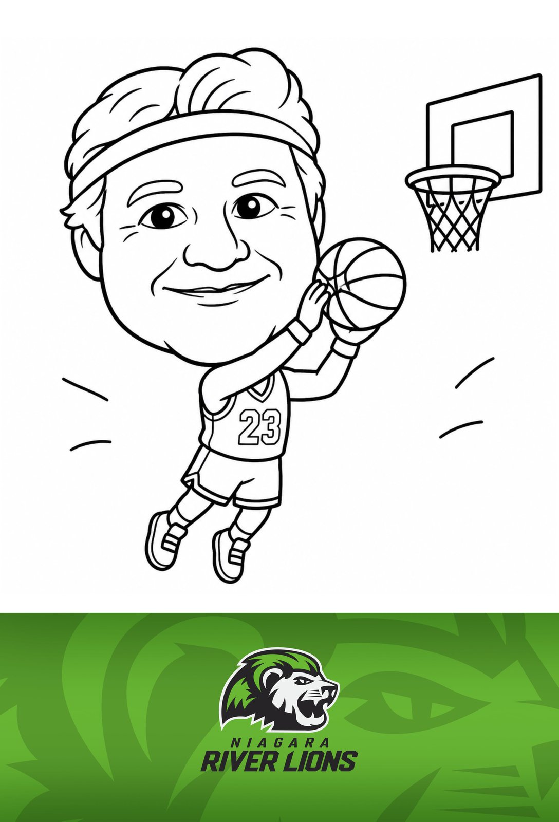 Basketball-themed caricature of a young fan in a number 23 jersey, custom Niagara River Lions keepsake by Pic Booth Draw Bots, St. Catharines
