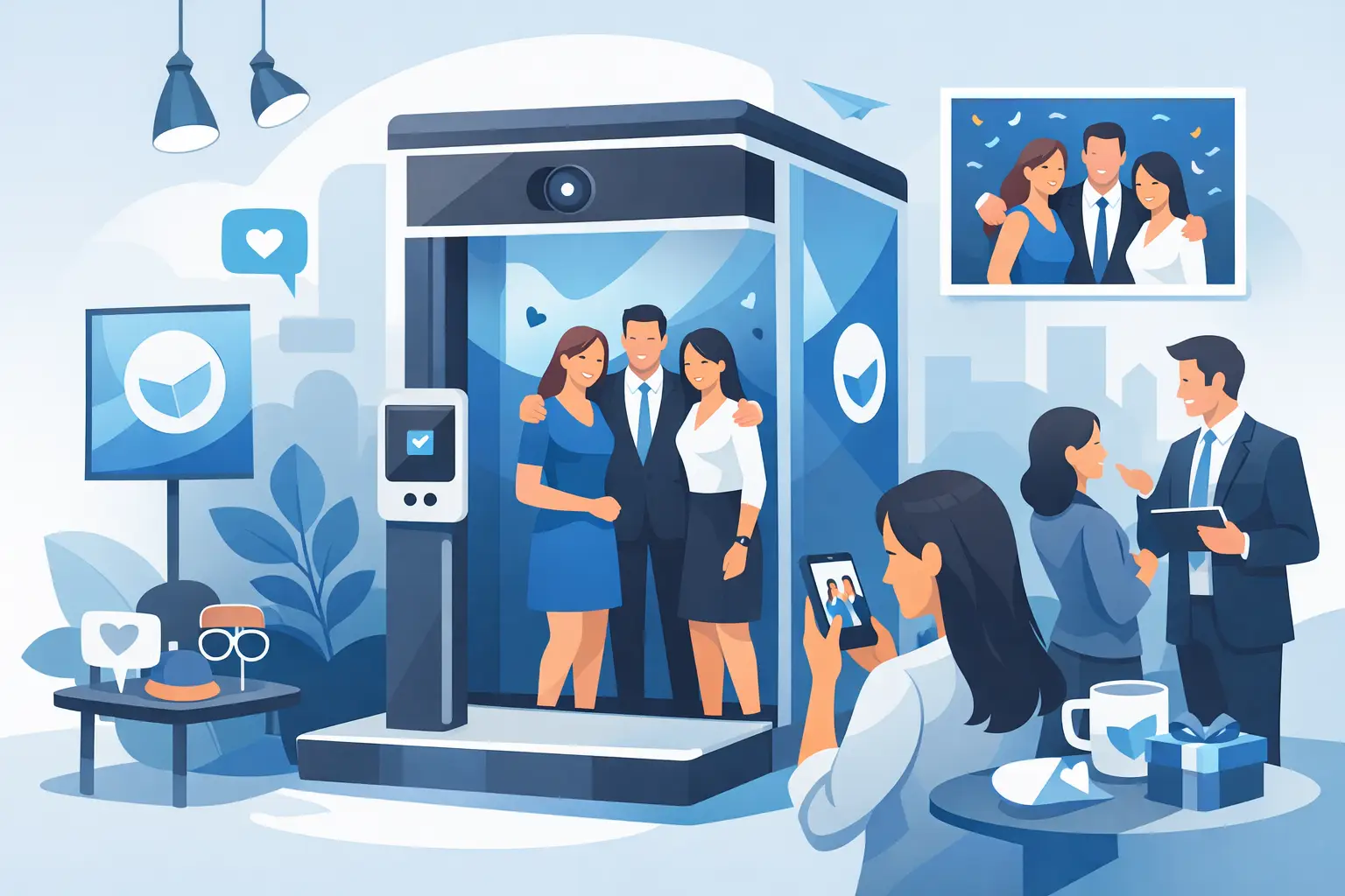 Corporate guests using a branded photo booth enclosure at a business event in the GTA, with social sharing and printed photos on display