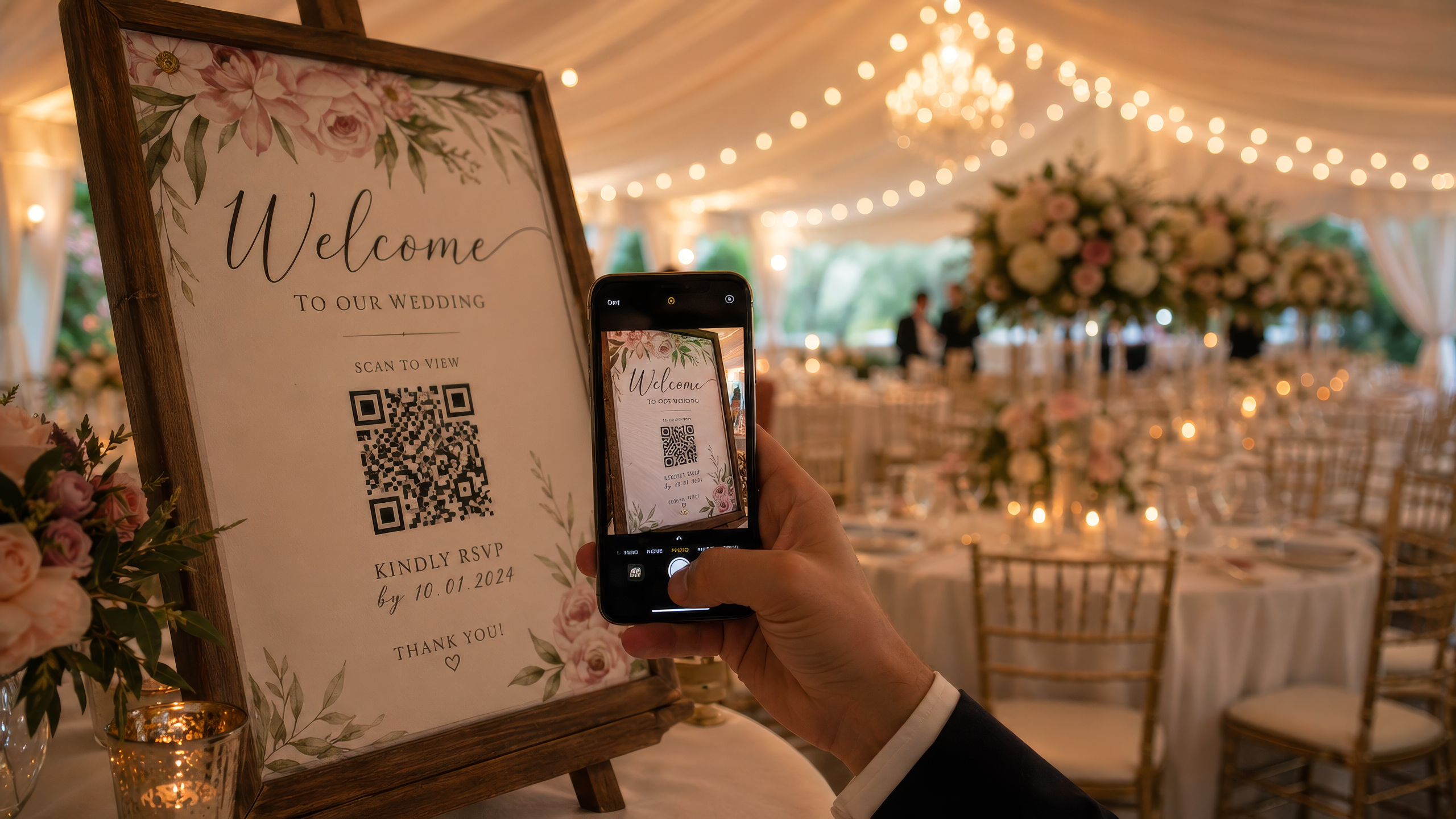 Wedding guest scanning a Pic Booth One QR code sign at a Niagara reception — Photo Gallery, Find My Seat, and Live Schedule behind one scan