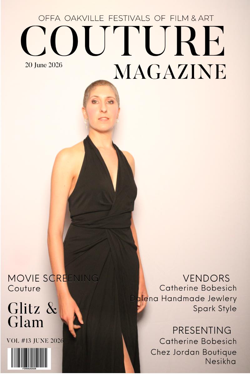Guest in elegant black halter gown posing at the Pic Booth Magazine Cover photo booth — Oakville
