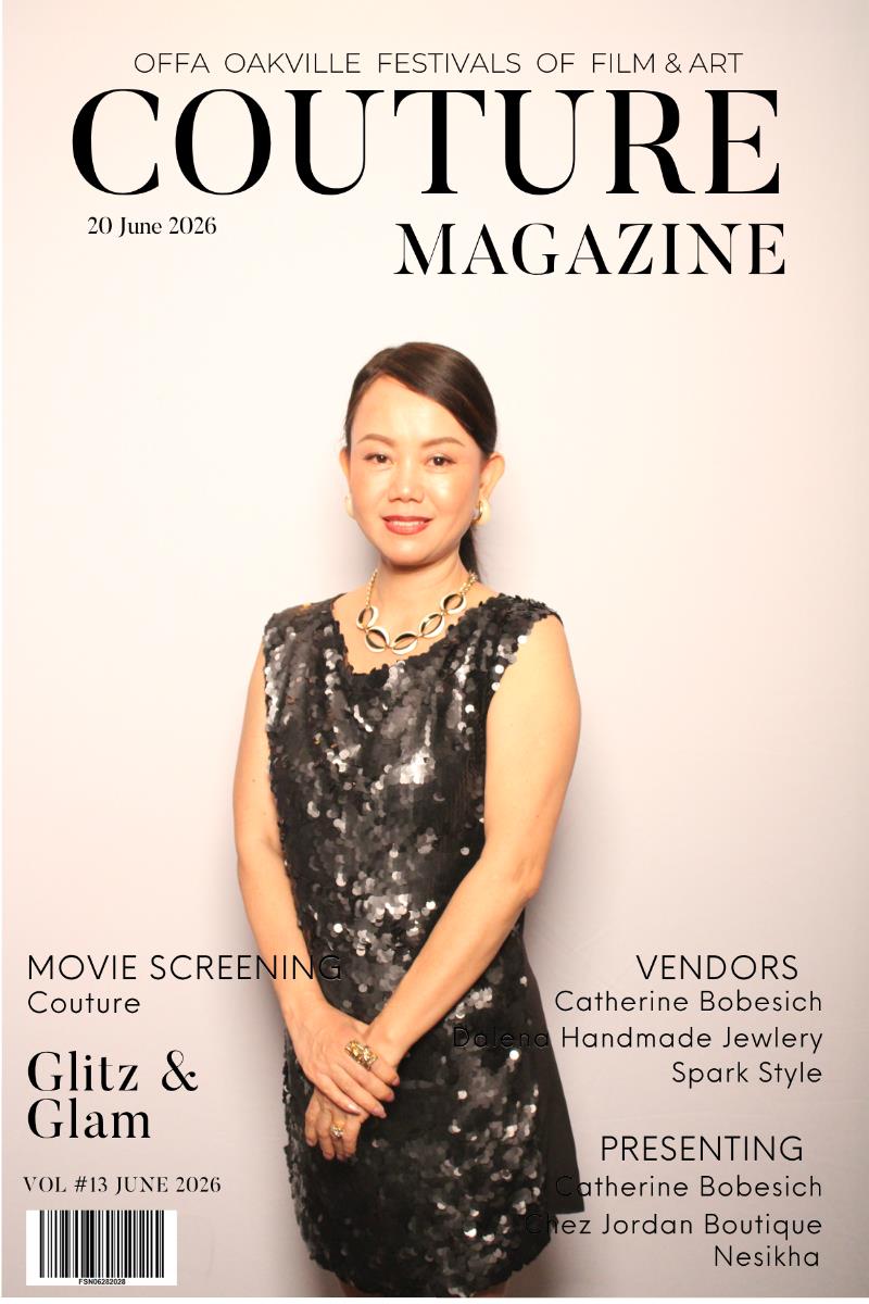 Elegant solo portrait in front of the Pic Booth COUTURE magazine backdrop — Oakville photo booth activation