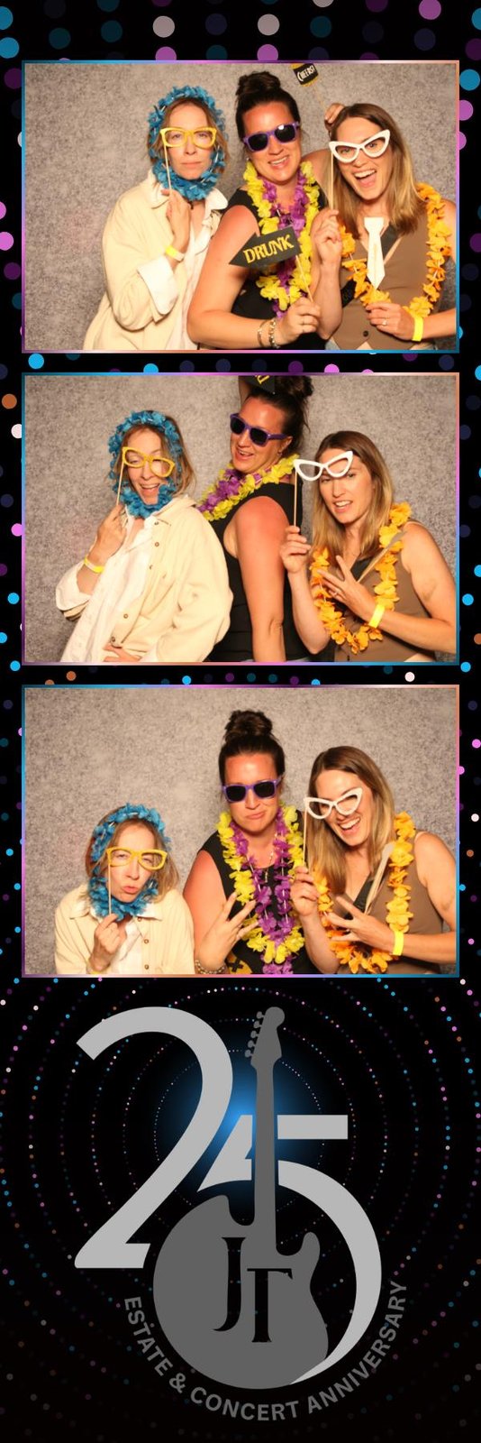 Three friends with tropical leis and props in a Niagara photo booth strip at the Jackson-Triggs concert opening night, Niagara-on-the-Lake