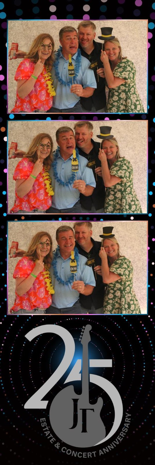 Three friends with tropical props and leis in a Pic Booth photo strip branded for the Jackson-Triggs 25th anniversary, Niagara-on-the-Lake