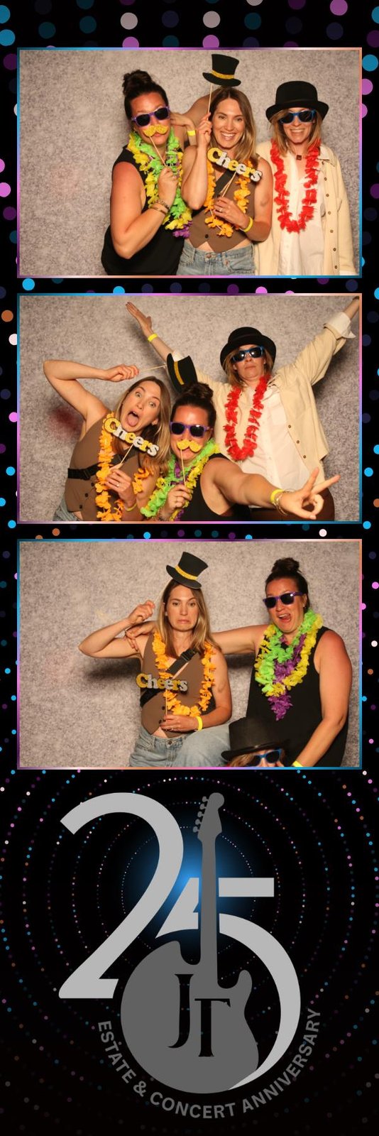 Group portrait with tropical props in the Pic Booth Niagara photo booth, co-branded strip from the Jackson-Triggs Summer Concert Series 25th anniversary, Niagara-on-the-Lake