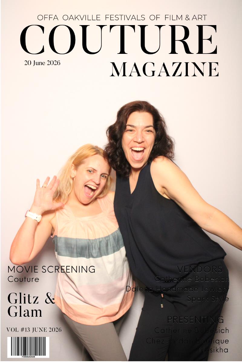 Two guests in an editorial pose at the Pic Booth Magazine Cover photo booth — Oakville Centre for the Performing Arts