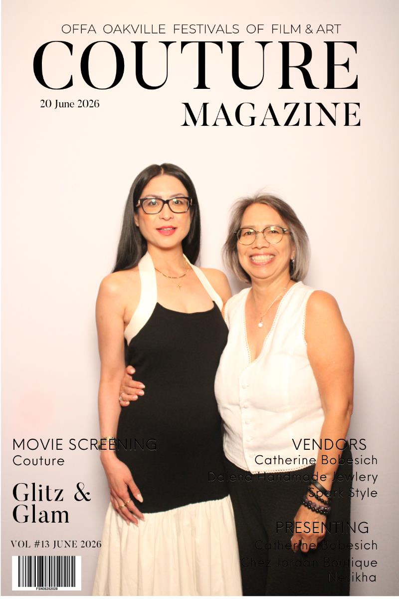 Two guests in an editorial magazine pose at the Pic Booth Magazine Cover photo booth — Oakville